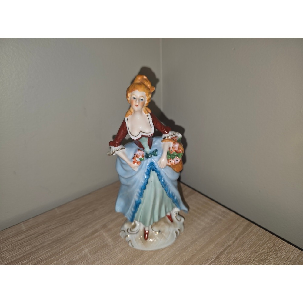 Vintage Occupied Japan Porcelain Figurine Colonial Lady with Flower Basket Blue